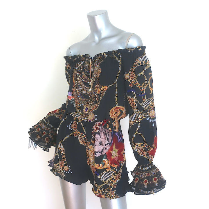 Camilla Drop Shoulder Frill Romper Black Embellished Silk Size Extra Small NEW