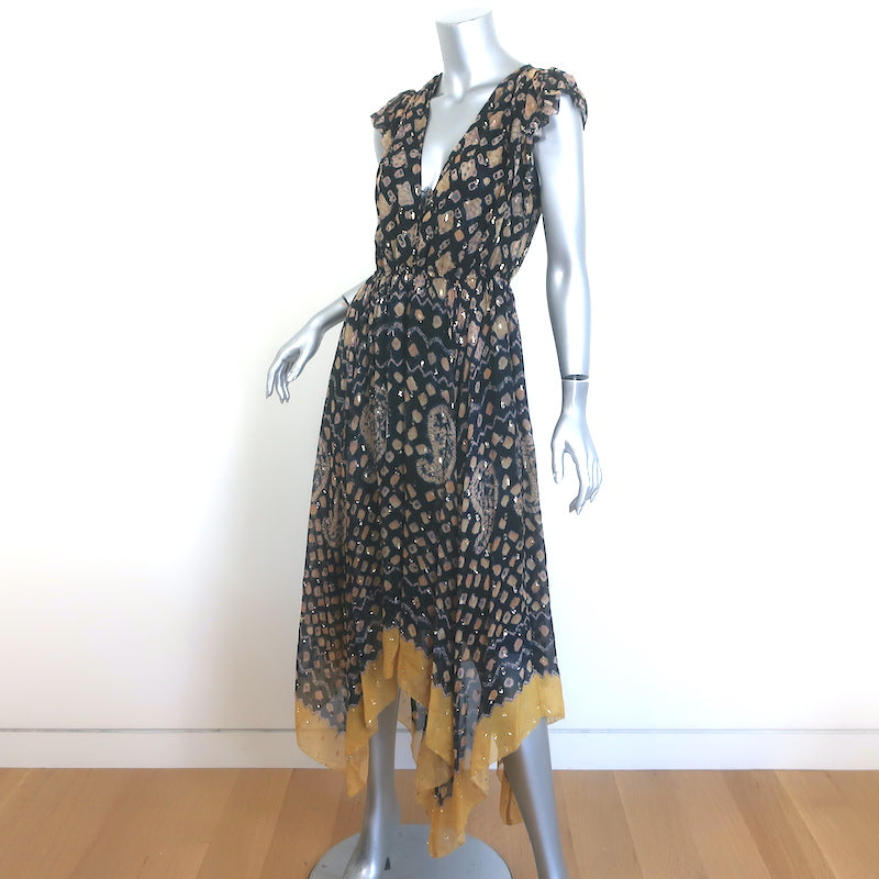 Ulla Johnson Aurelie Midi Dress Black/Gold Metallic Printed Chiffon Size 4
