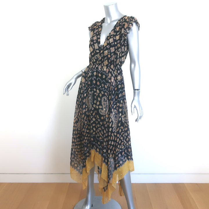 Ulla Johnson Aurelie Midi Dress Black/Gold Metallic Printed Chiffon Size 4