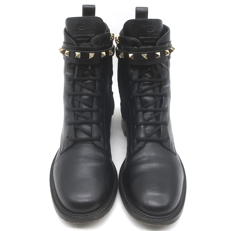 Valentino Rockstud-Strap Lace-Up Combat Boots Black Leather Size 39.5