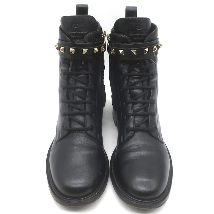 Valentino Rockstud-Strap Lace-Up Combat Boots Black Leather Size 39.5