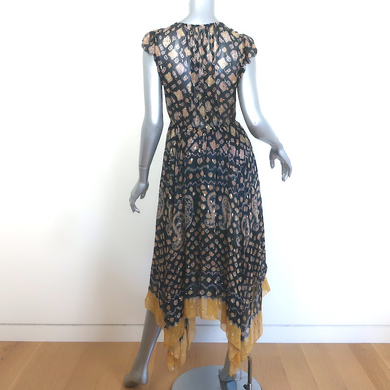Ulla Johnson Aurelie Midi Dress Black/Gold Metallic Printed Chiffon Size 4