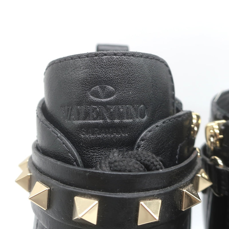 Valentino Rockstud-Strap Lace-Up Combat Boots Black Leather Size 39.5