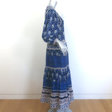 SEA Brigitte Tiered Maxi Dress Navy Paisley Print Cotton Size Small
