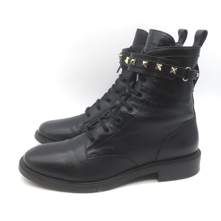Valentino Rockstud-Strap Lace-Up Combat Boots Black Leather Size 39.5