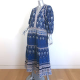 SEA Brigitte Tiered Maxi Dress Navy Paisley Print Cotton Size Small