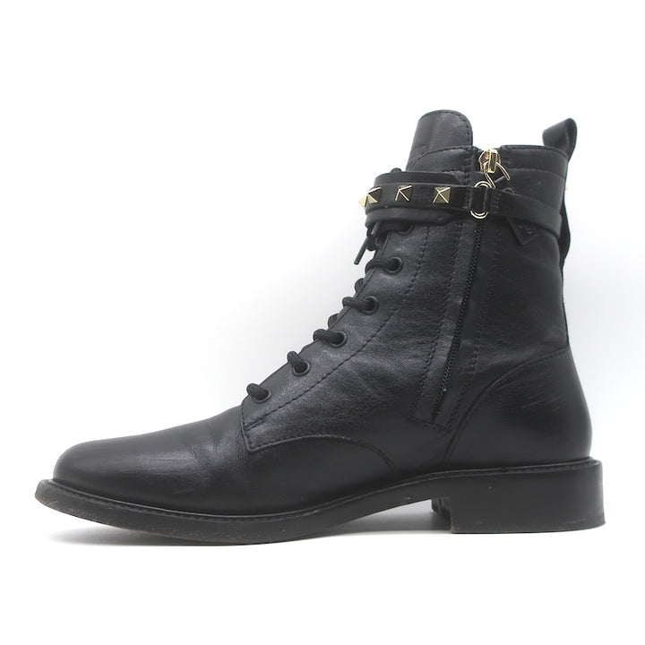 Valentino Rockstud-Strap Lace-Up Combat Boots Black Leather Size 39.5