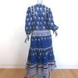 SEA Brigitte Tiered Maxi Dress Navy Paisley Print Cotton Size Small