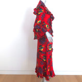 La DoubleJ Long Fancy Dress Red Parrot Print Silk Twill Size Extra Small