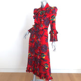 La DoubleJ Long Fancy Dress Red Parrot Print Silk Twill Size Extra Small