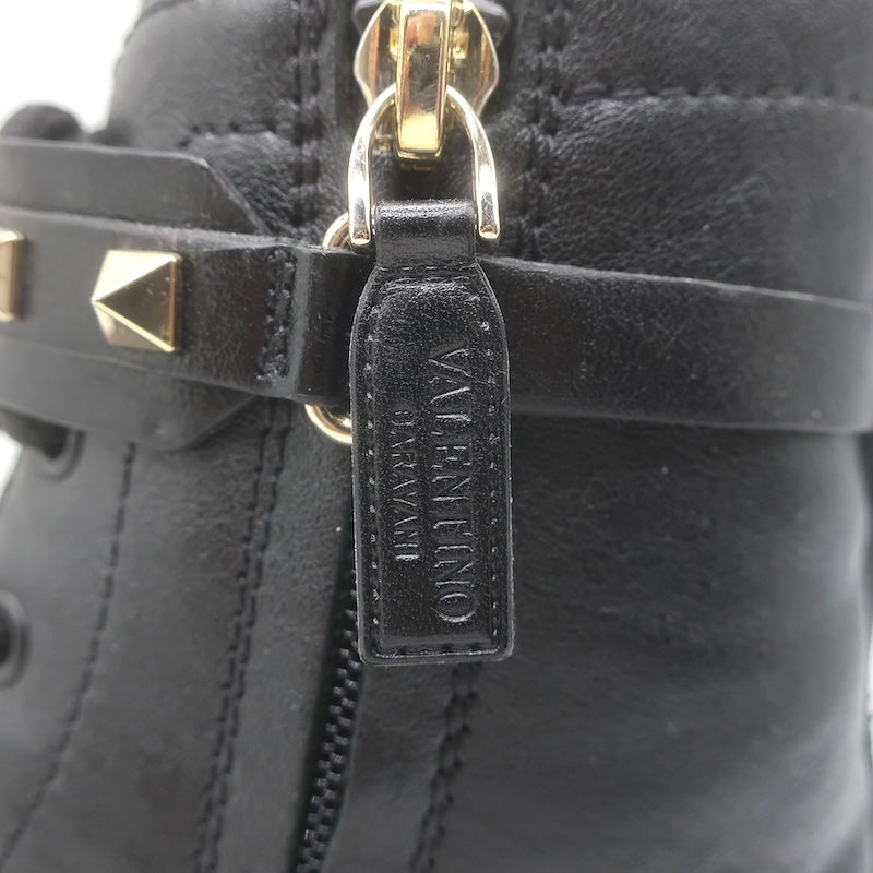 Valentino Rockstud-Strap Lace-Up Combat Boots Black Leather Size 39.5