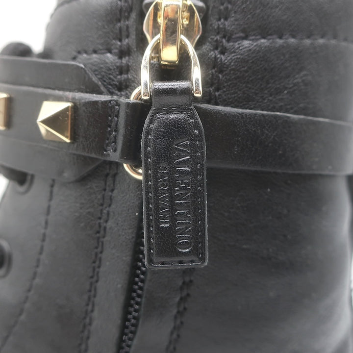 Valentino Rockstud-Strap Lace-Up Combat Boots Black Leather Size 39.5