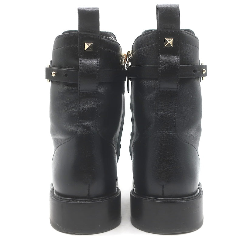 Valentino Rockstud-Strap Lace-Up Combat Boots Black Leather Size 39.5