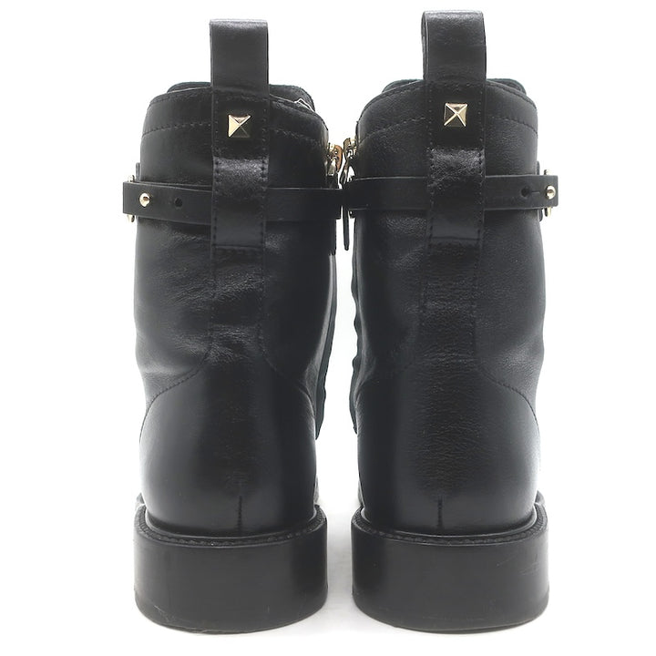 Valentino Rockstud-Strap Lace-Up Combat Boots Black Leather Size 39.5