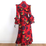 La DoubleJ Long Fancy Dress Red Parrot Print Silk Twill Size Extra Small