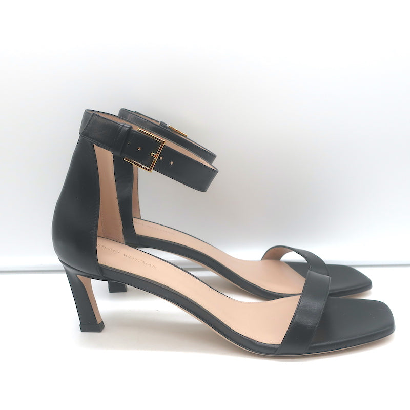 Stuart Weitzman Square Nudist Sandals Black Leather Size 9 Ankle Strap Heels NEW