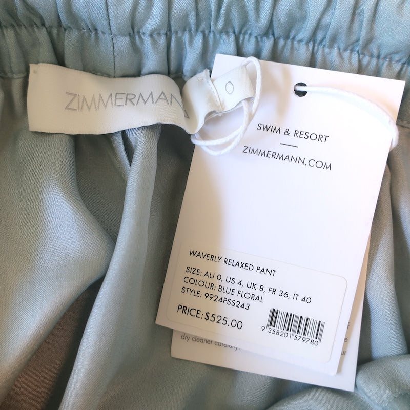 Zimmermann Waverly Relaxed Pants Blue Floral Print Silk Size 0 US 4 NEW