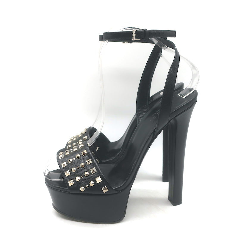 Gucci Leila Studded Platform Ankle Strap Sandals Black Leather Size 37.5