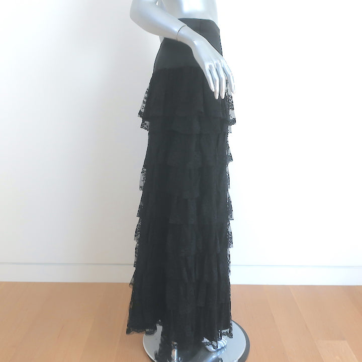 Heidi Merrick Tiered Lace Maxi Skirt Black Satin Size 2