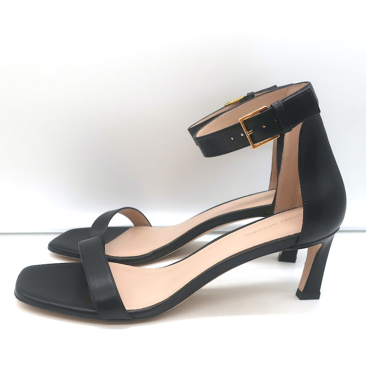 Stuart Weitzman Square Nudist Sandals Black Leather Size 9 Ankle Strap Heels NEW