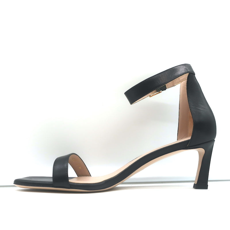 Stuart Weitzman Square Nudist Sandals Black Leather Size 9 Ankle Strap Heels NEW