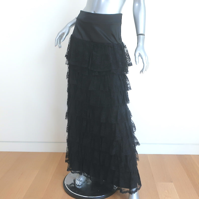 Heidi Merrick Tiered Lace Maxi Skirt Black Satin Size 2
