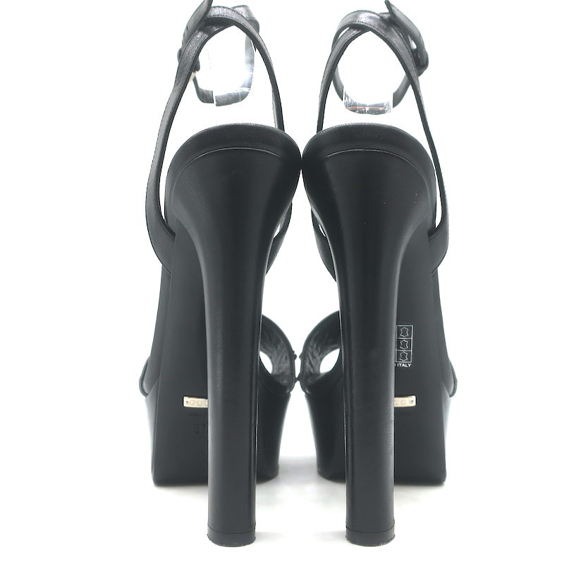 Gucci Leila Studded Platform Ankle Strap Sandals Black Leather Size 37.5