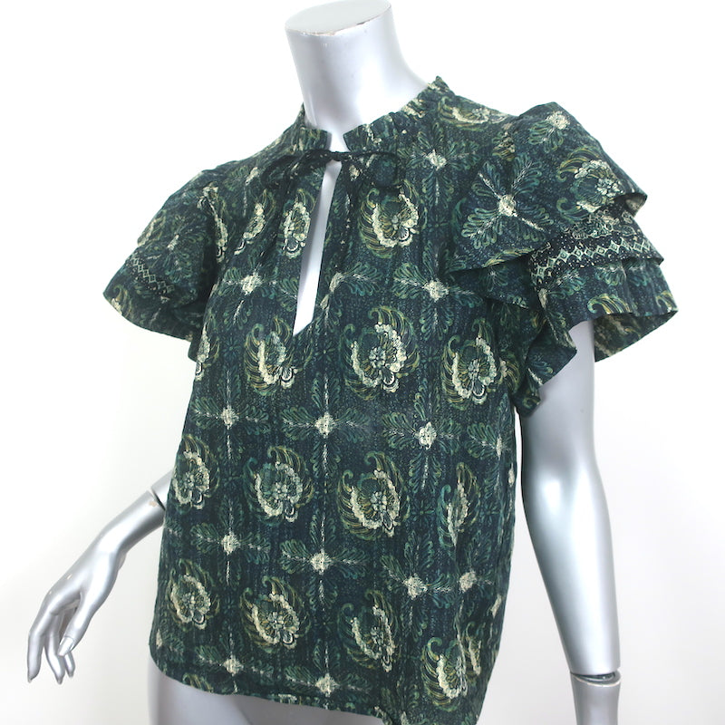 Ulla Johnson Tie-Neck Top Lilli Green Floral Print Size 6 Flutter Sleeve Blouse