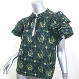 Ulla Johnson Tie-Neck Top Lilli Green Floral Print Size 6 Flutter Sleeve Blouse