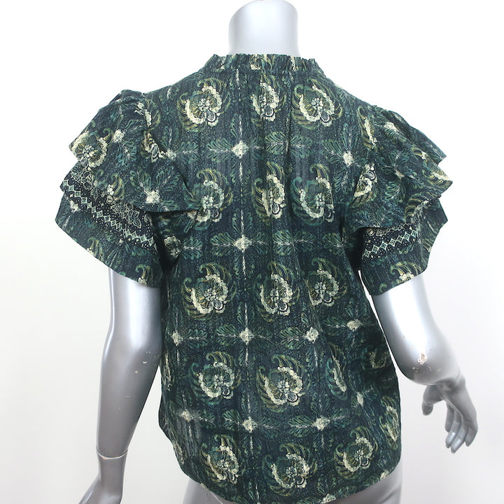 Ulla Johnson Tie-Neck Top Lilli Green Floral Print Size 6 Flutter Sleeve Blouse
