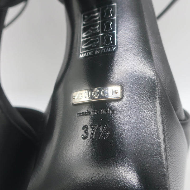Gucci Leila Studded Platform Ankle Strap Sandals Black Leather Size 37.5