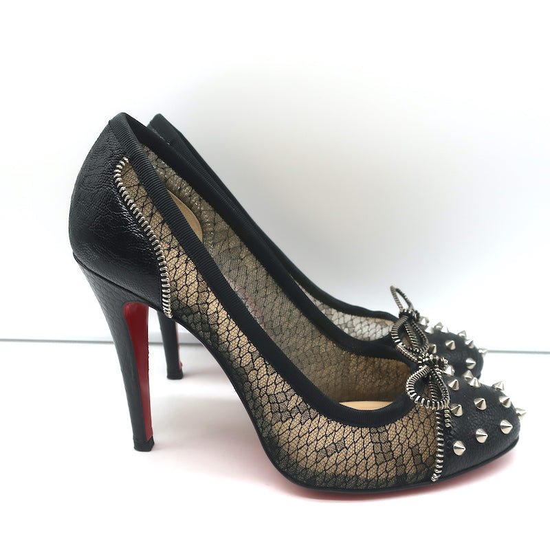 Christian Louboutin Candy Spike Pumps Black Leather & Lace Size 39 Cap Toe  Heels
