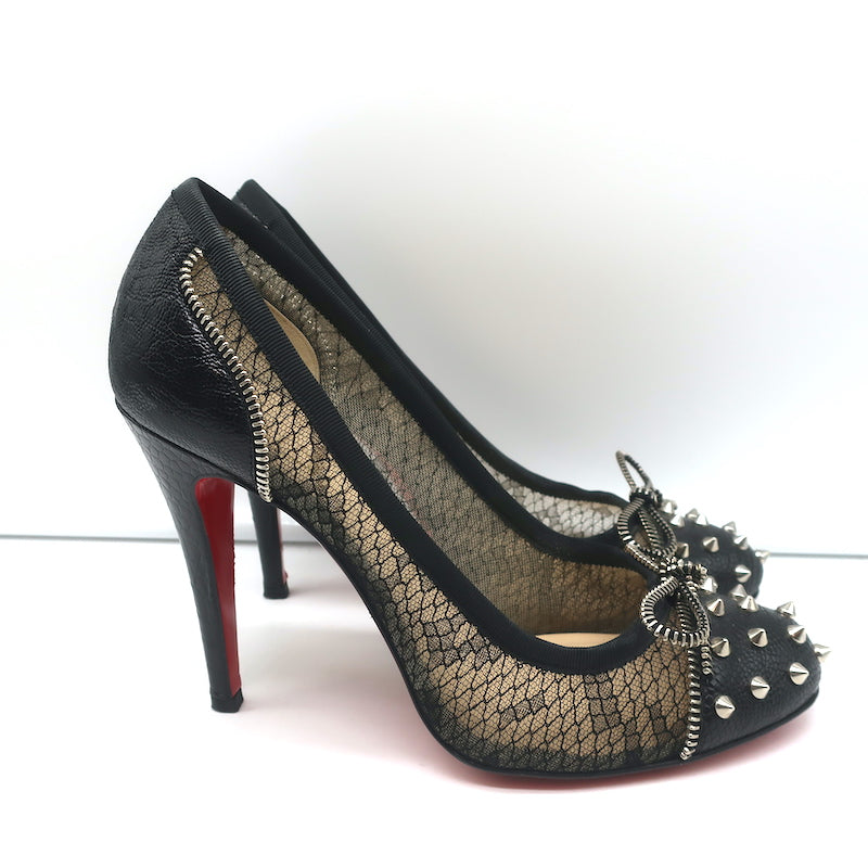 Christian Louboutin Candy Spike Pumps Black Leather Lace Size 39 Cap Toe Heels