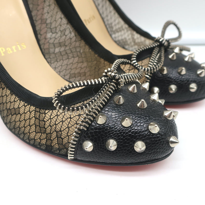 Christian Louboutin Candy Spike Pumps Black Leather &amp; Lace Size 39 Cap Toe Heels