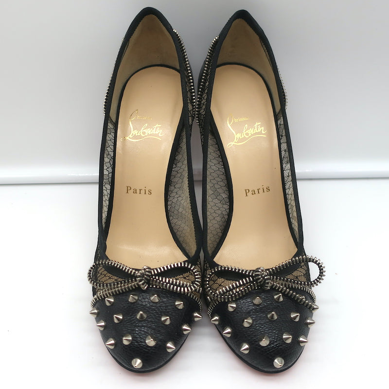 Christian Louboutin Candy Spike Pumps Black Leather &amp; Lace Size 39 Cap Toe Heels
