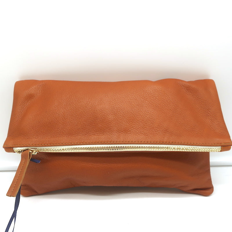 Clare V. Foldover Clutch Bag Brown Leather NEW