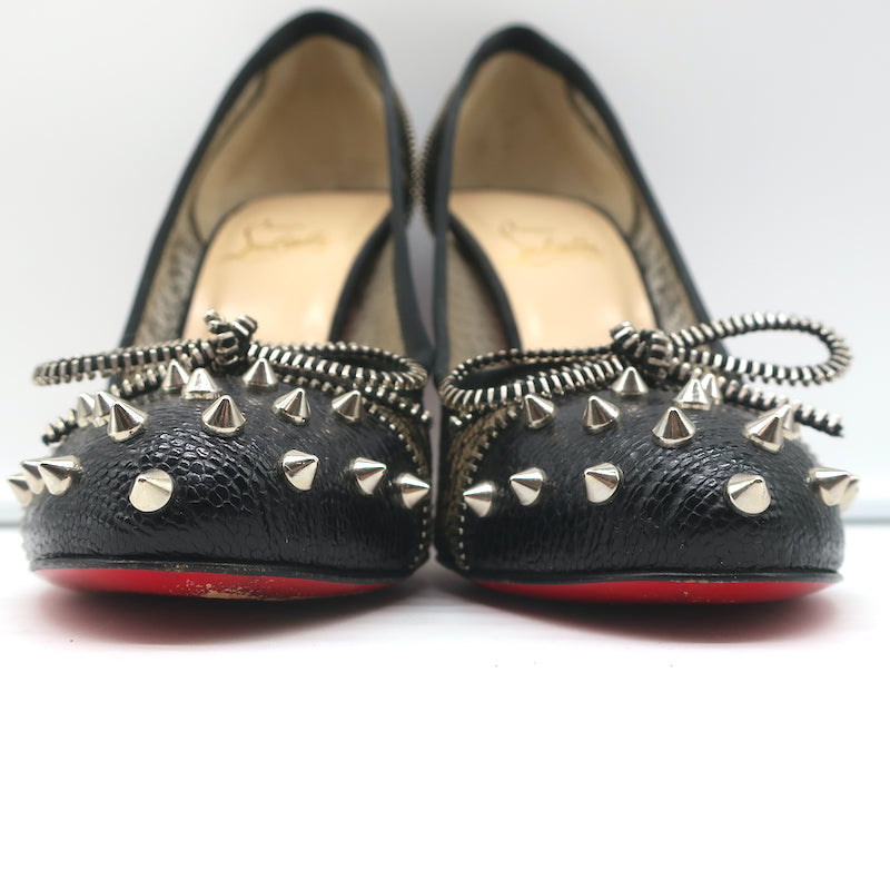 Christian Louboutin Candy Spike Pumps Black Leather &amp; Lace Size 39 Cap Toe Heels