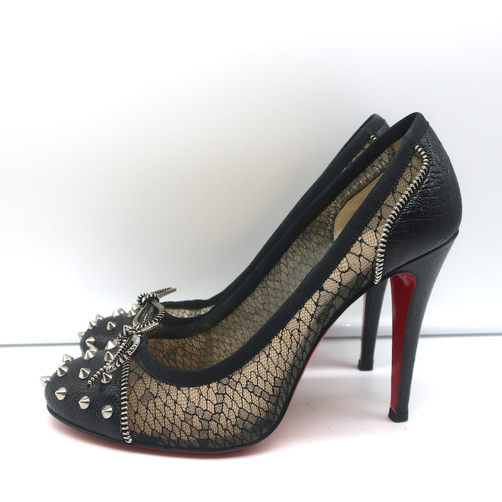 Christian Louboutin Candy Spike Pumps Black Leather &amp; Lace Size 39 Cap Toe Heels