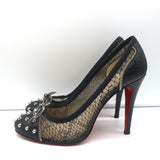 Christian Louboutin Candy Spike Pumps Black Leather & Lace Size 39 Cap Toe Heels