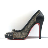 Christian Louboutin Candy Spike Pumps Black Leather & Lace Size 39 Cap Toe Heels
