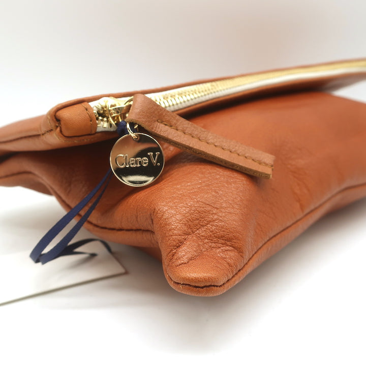 Clare V. Foldover Clutch Bag Brown Leather NEW