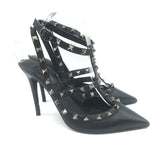 Valentino Noir Rockstud Caged Ankle Strap Pumps Black Leather Size 38