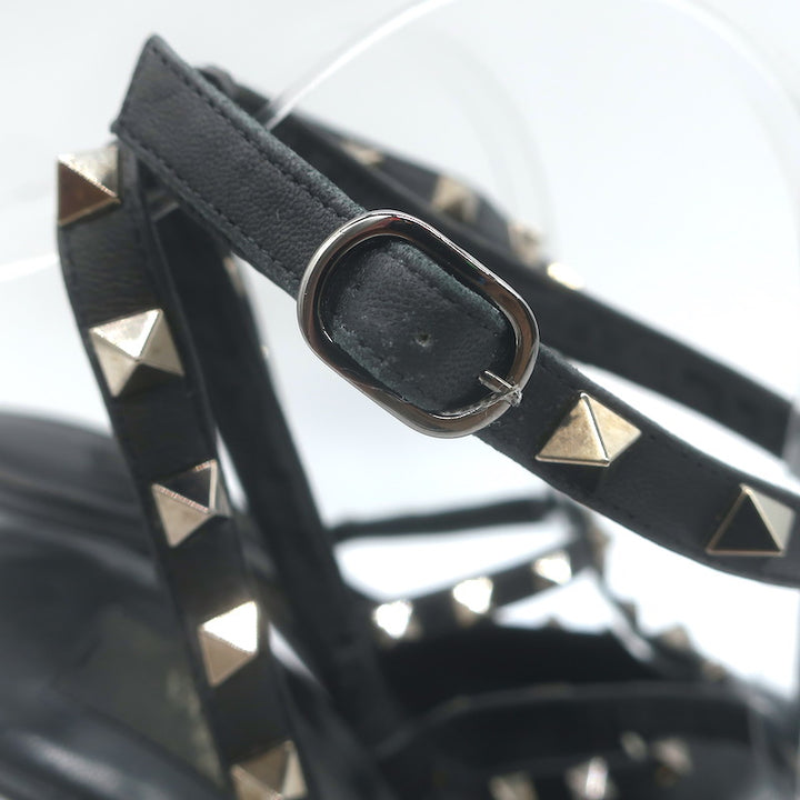 Valentino Noir Rockstud Caged Ankle Strap Pumps Black Leather Size 38