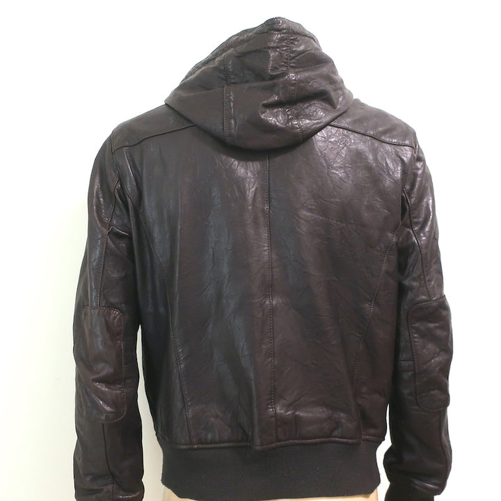 John Varvatos Leather Hooded Bomber Jacket Dark Brown Size Large