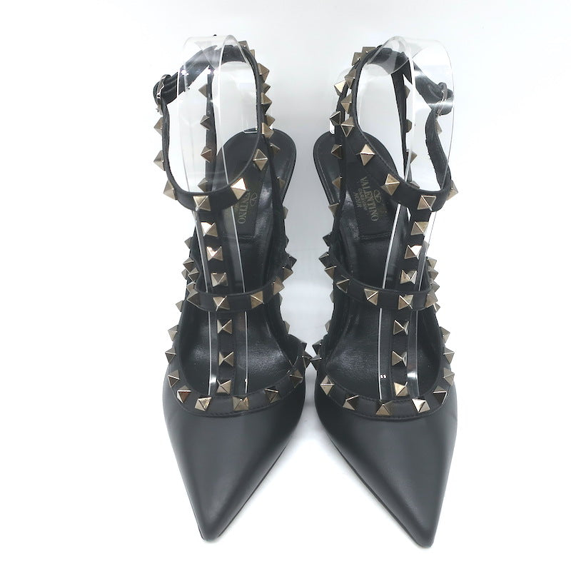 Valentino Noir Rockstud Caged Ankle Strap Pumps Black Leather Size 38