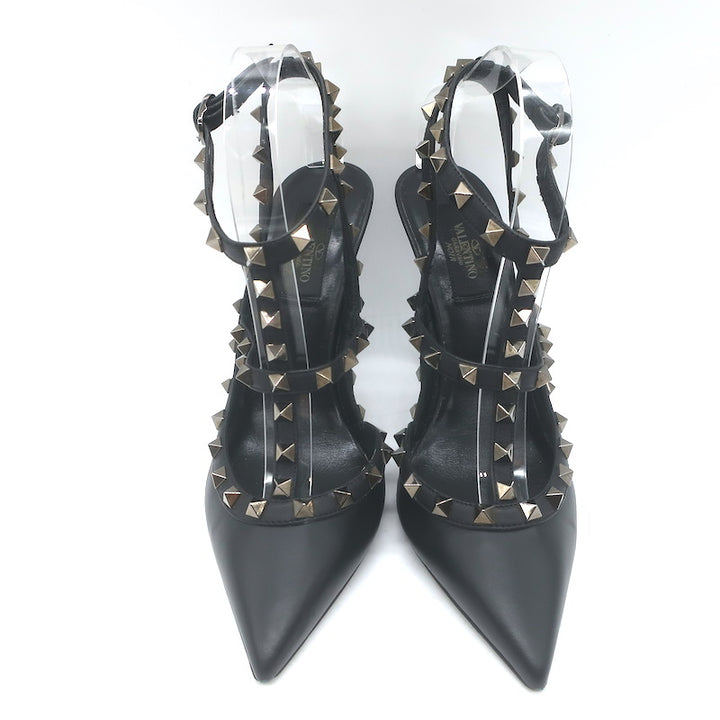 Valentino Noir Rockstud Caged Ankle Strap Pumps Black Leather Size 38