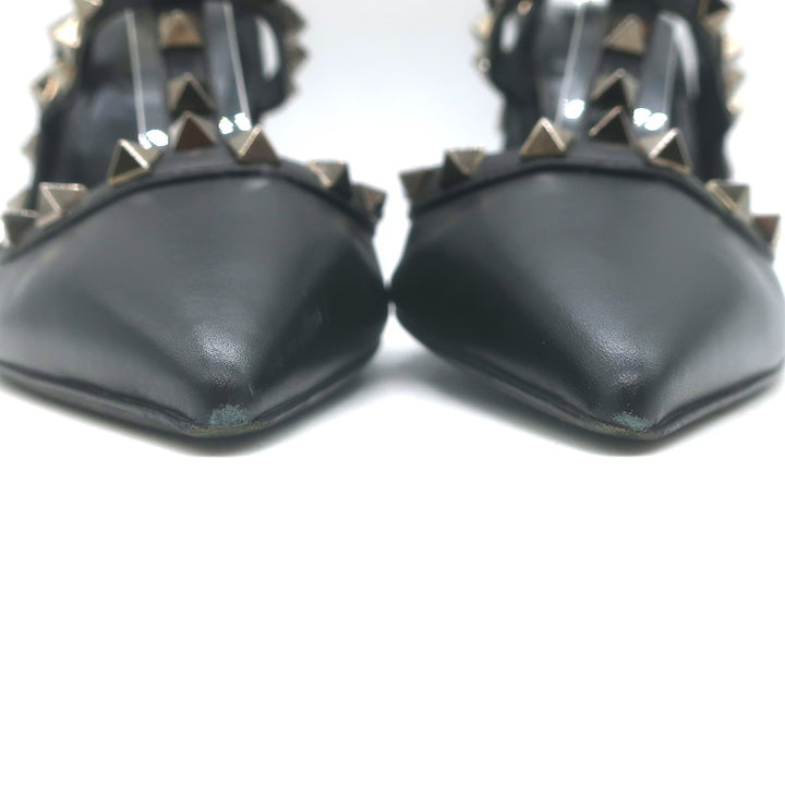 Valentino Noir Rockstud Caged Ankle Strap Pumps Black Leather Size 38