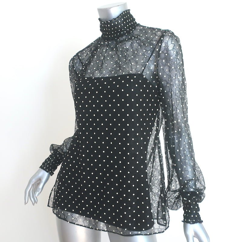 Akris Punto Polka Dot Lace Blouse Black Size 4 Long Sleeve Turtleneck Top