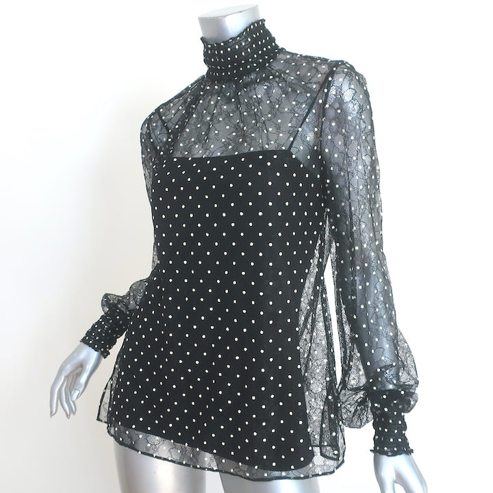Akris Punto Polka Dot Lace Blouse Black Size 4 Long Sleeve Turtleneck Top