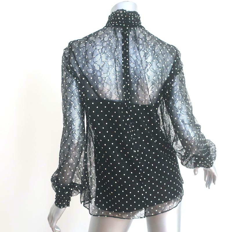 Akris Punto Polka Dot Lace Blouse Black Size 4 Long Sleeve Turtleneck Top